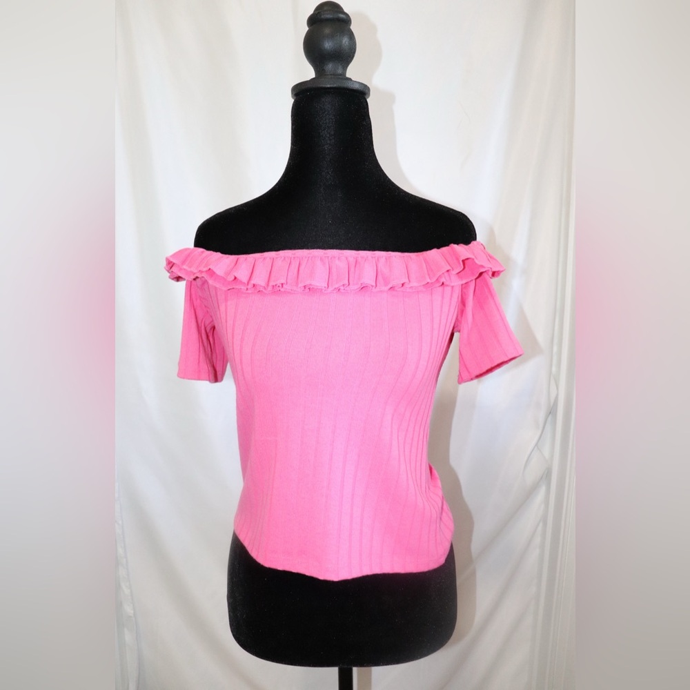 Zara Vibrant Pink Knit Off The Shoulder Ruffle Top